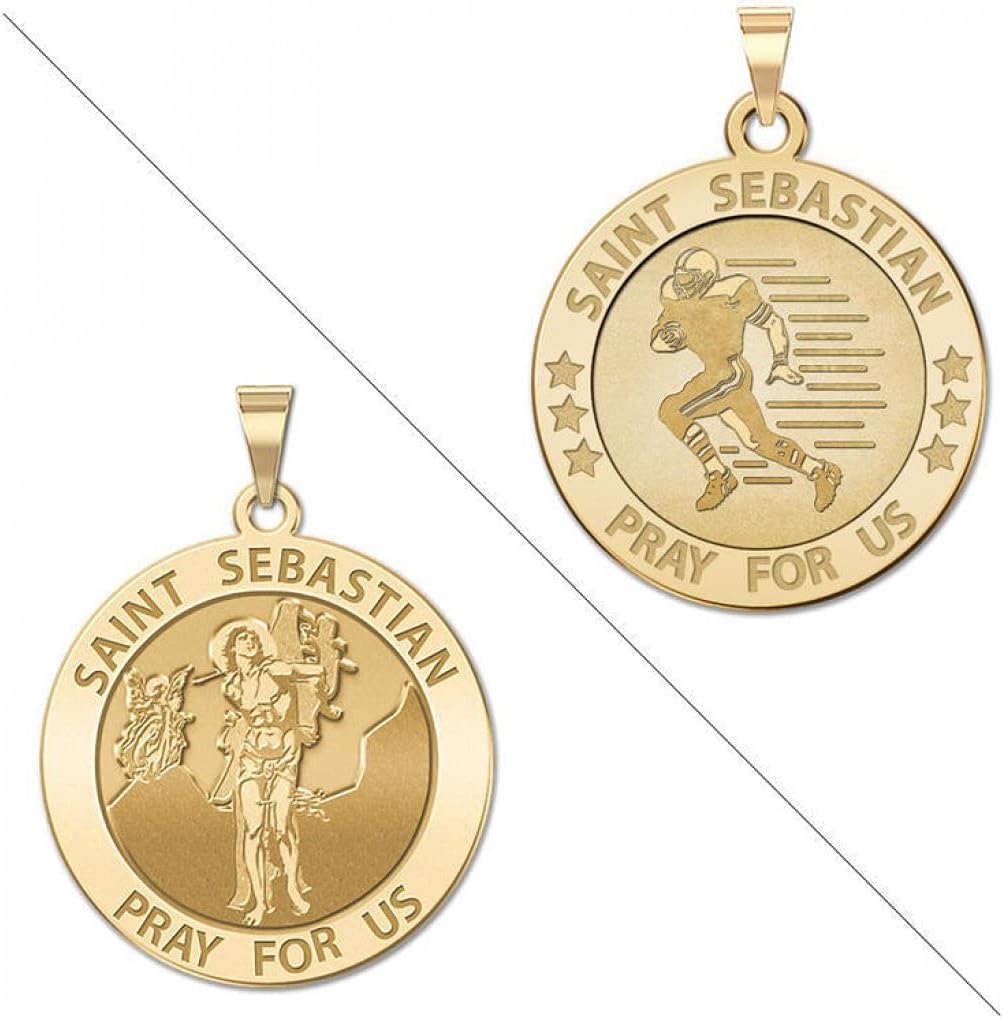 PicturesOnGold.com Football - Saint Sebastian Doubledside Sports Religious Medal 3/4 Inch in Solid 14K Yellow Gold