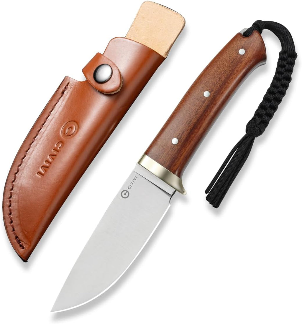 CIVIVI EDC Fixed Blade Knife with Leather Sheath, 4.6' Nitro-V Blade Wood Handle, Full Tang Cloud Peak Knife with Lanyard and Nickel Silver Guard C23044-3 (Wood)