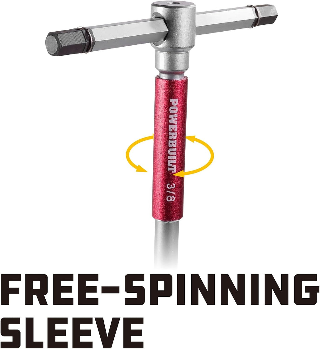 Powerbuilt 8 Pc SAE T-Handle Hex Allen Key Wrench Set w/ Speed Sleeves for Fast Spinning Action, Sliding Top Handle for 'T' or 'L' Shape, Long Shafts, Storage Rack, Auto, Bicycle, Moto - 941644 , Red
