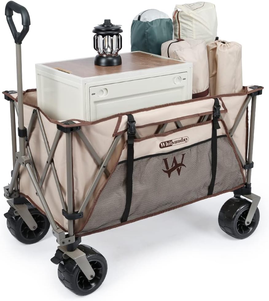 Whitsunday Heavy Duty Collapsible Wagon Cart, 380lb Load-Bearing Utility Wagon Cart with Big All Terrain Wheels, Folding Outdoor Wagon with Side Pocket for Beach, Camping, Outdoor Beige