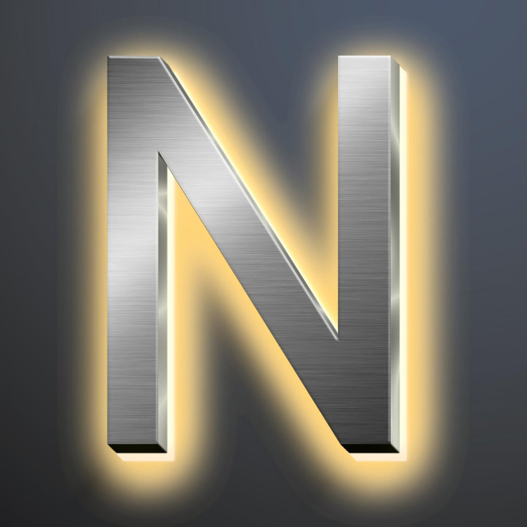 Backlit Illuminated LED House Numbers For Outside 16 Inch, Lighted Address Signs For House, Large Modern Illuminated Address Number, Brushed Silver, Warm White Light,N