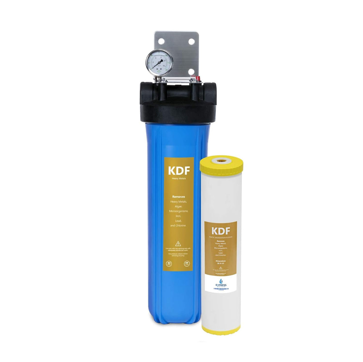 Express Water Whole House Water Filter, 1 Stage Home Water Filtration System, KDF Heavy Metal Filter, Includes Pressure Gauges, Easy Release, and 1 Inch Connections.