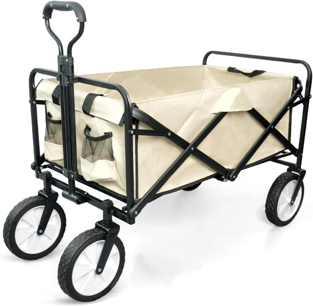 Collapsible Wagon Garden Cart,Folding Garden Carts,Beach Wagon Grocery Wagon All-Terrain Wagon Sports Beach Wagon Cart Rubber Wheel Universal Wheel Camping Cart with Folding Panels,(b) beige