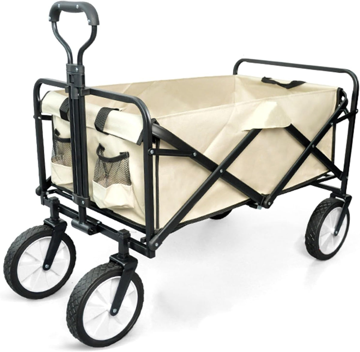 Collapsible Wagon Garden Cart,Folding Garden Carts,Beach Wagon Grocery Wagon All-Terrain Wagon Sports Beach Wagon Cart Rubber Wheel Universal Wheel Camping Cart with Folding Panels,(b) beige