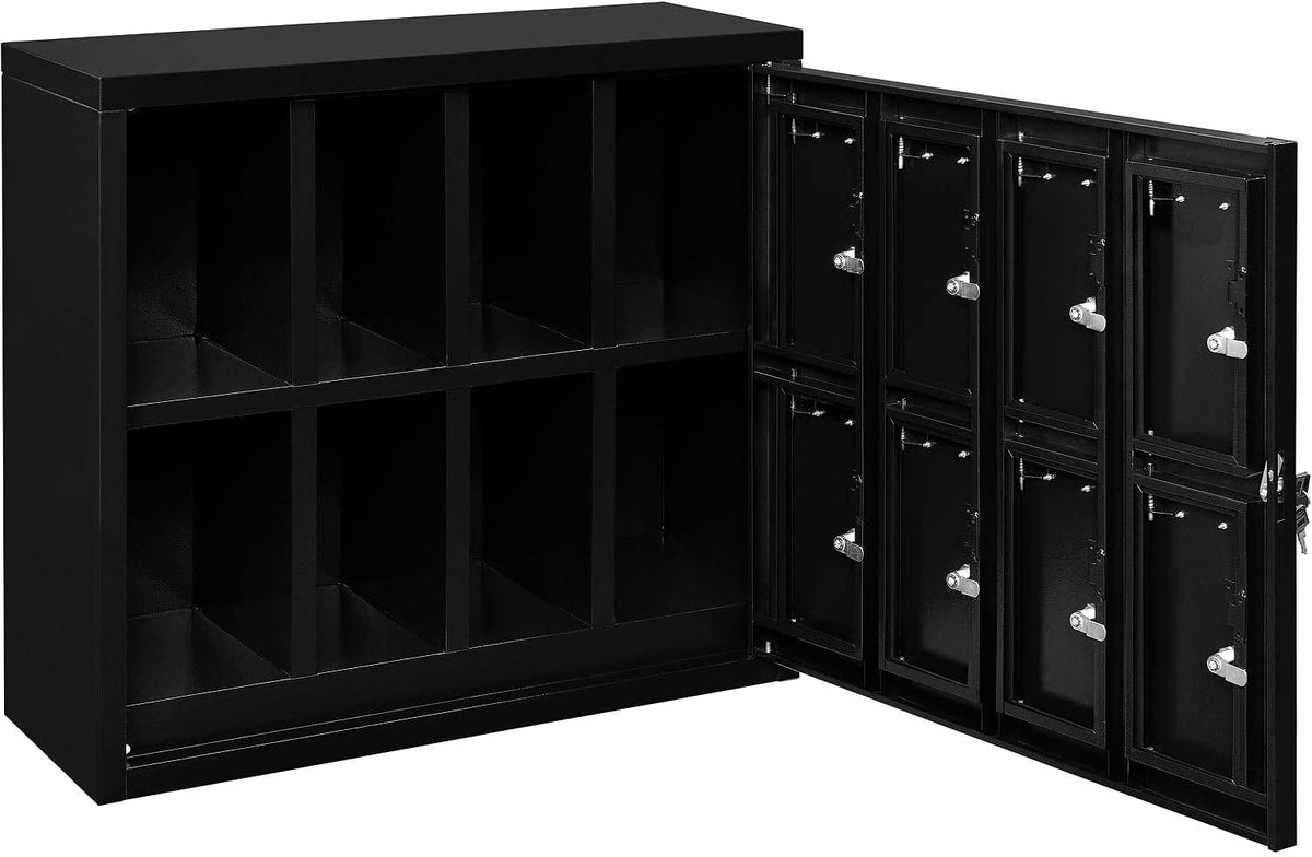 Global Industrial 2-Tier 8 Door Tablet & Cell Phone Locker with Keyed Lock & Hasp, Steel Construction, 28-1/2'W x 11-1/4'D x 26-3/4'H, Black Powder Coat, Assembled