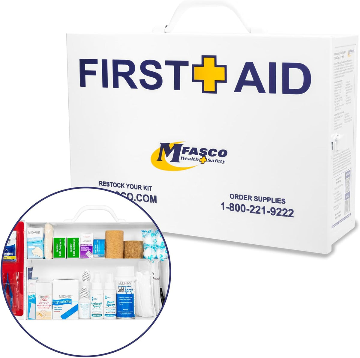 MFASCO Restaurant First Aid Kit - 2 Shelf Metal Cabinet, OSHA 2021 Class A - Catering, Food Service Areas, Food Trucks - Metal First Aid Cabinet Wall Mount for Businesses - Burn Care & Blue Bandages