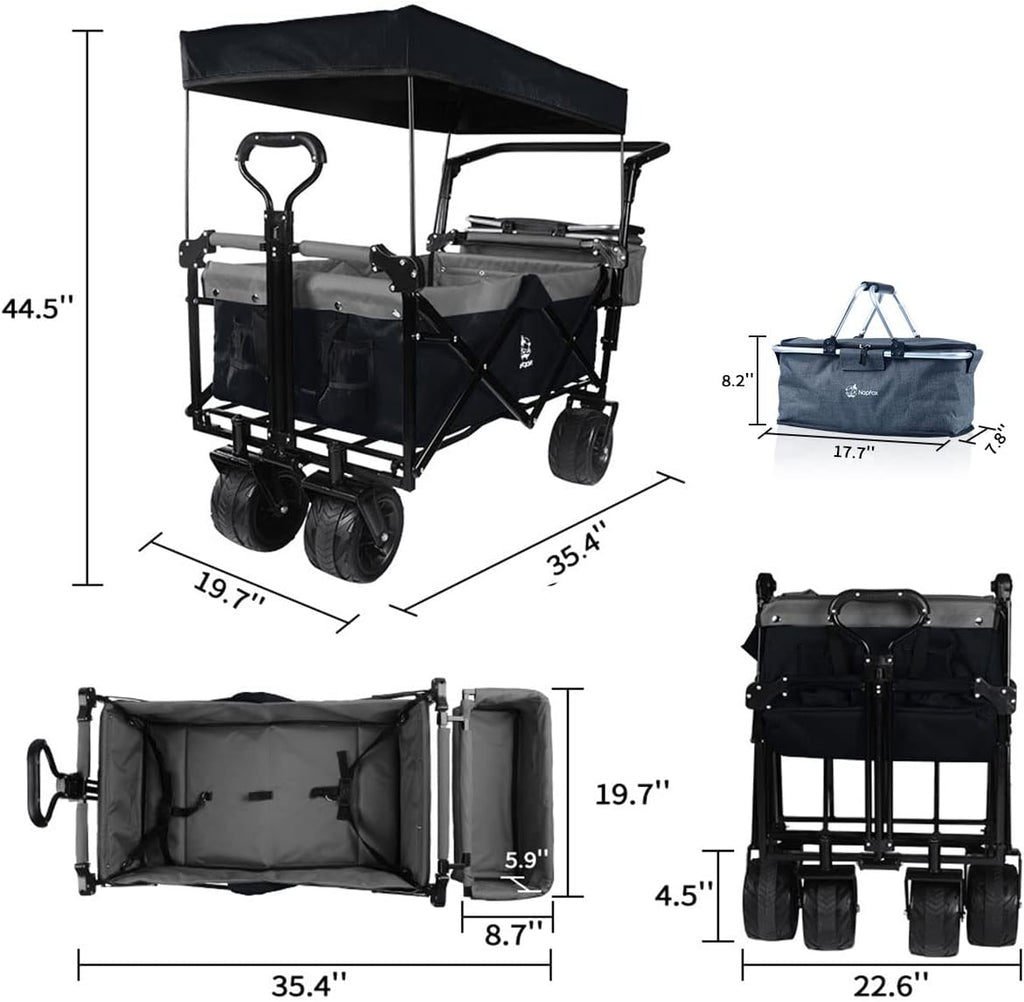 Collapsible Wagon Heavy Duty Folding Wagon Cart with Removable Canopy, 4' Wide Large All Terrain Wheels, Brake, Adjustable Handles,Cooler Bag Utility Carts for Outdoor Beach Cart Garden Wagons Carts