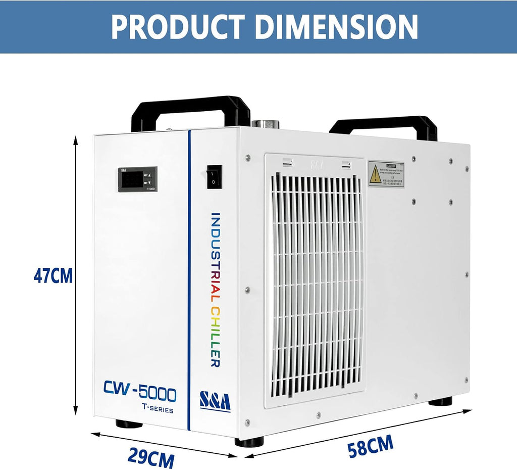 S&A CW-5000 DG Industrial Water Chiller 7L 1.14HP 2.64gpm Water Cooling System for 40W 50W 60W 70W 80W 90W 100W CO2 Laser Engraving & Cutting Machines,Cools 3868 BTU/Hour