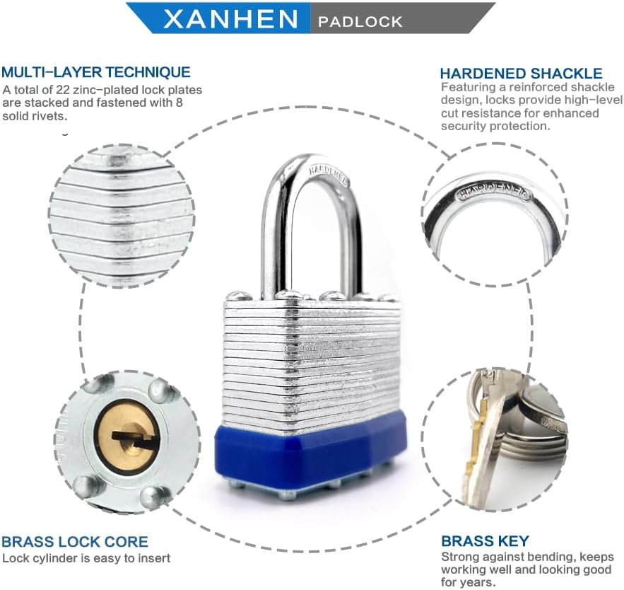 Keyed Alike Laminated Steel Padlocks, Standard Shackle, for Hasp, Shed, Fence, Storage Locker, School, Gym (100 Pack)