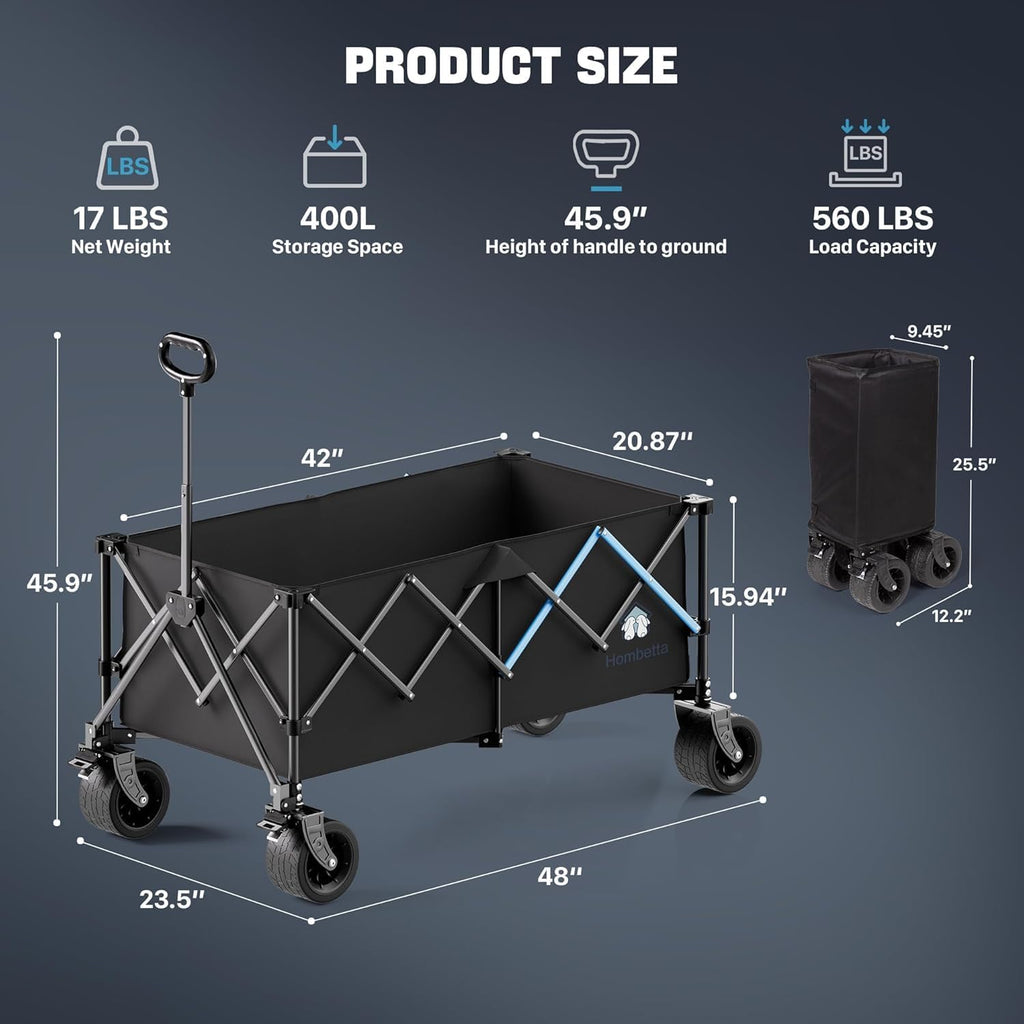Homebetta 48' XL Collapsible Wagon Cart, 400L Heavy Duty Folding Wagon with All-Terrain Wheels and Sled Board, 560 lbs Capacity Utility Wagon for Camping, Garden, Sports, Beach and Shopping