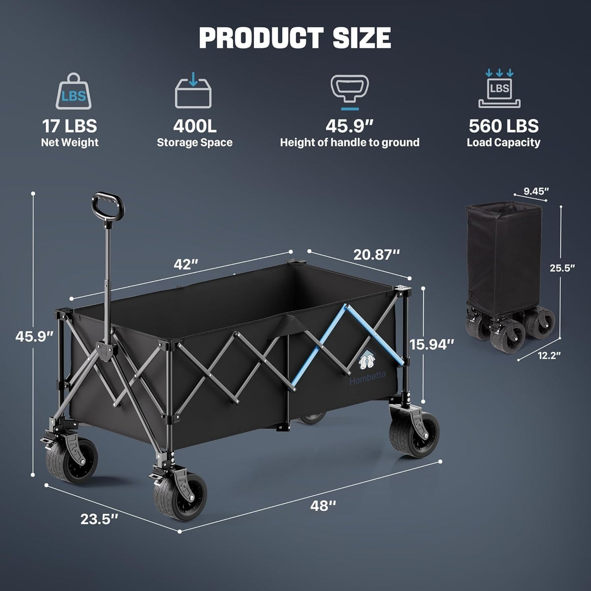 Homebetta 48' XL Collapsible Wagon Cart, 400L Heavy Duty Folding Wagon with All-Terrain Wheels and Sled Board, 560 lbs Capacity Utility Wagon for Camping, Garden, Sports, Beach and Shopping