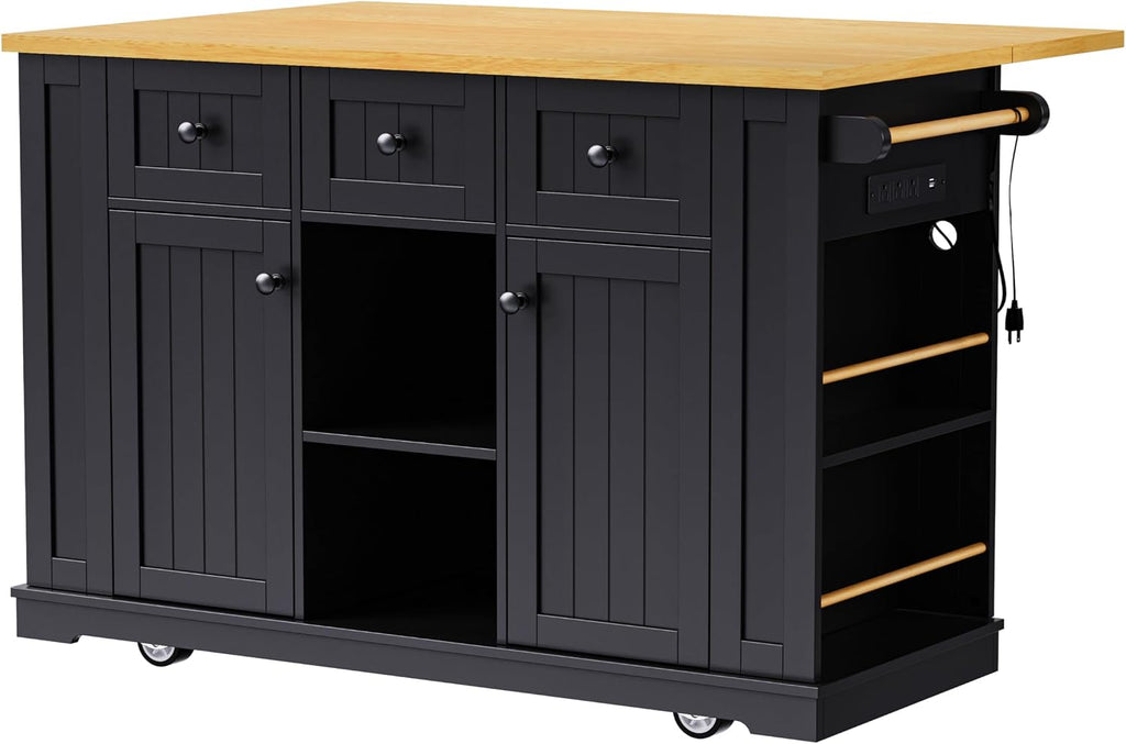 Kitchen Storage Island on Wheels with Drop Leaf & Power Outlet, Rolling Kitchen Island Cart with Open Side Racks, Door Shelves and Towel Bar, 53-Inch, Black