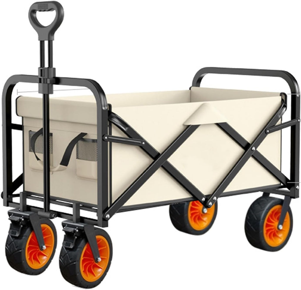 Beige Garden Carts,Collapsible Wagon,Sports Outdoor Utility Wagon Folding Garden Wagon Sports Heavy Duty Steel Frame Foldable Yard Car Load 150Kg with Brake