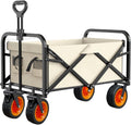 Beige Garden Carts,Collapsible Wagon,Sports Outdoor Utility Wagon Folding Garden Wagon Sports Heavy Duty Steel Frame Foldable Yard Car Load 150Kg with Brake