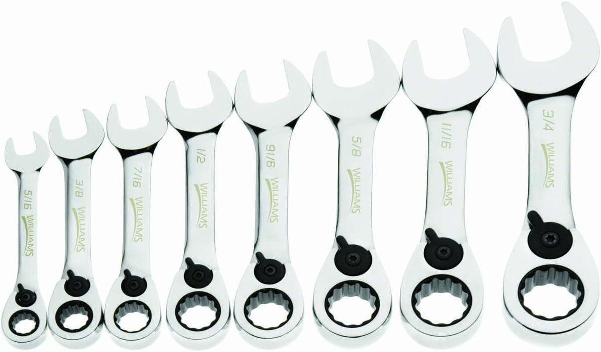 Williams WS-1168RCS 8-Piece Stubby Reversible Ratcheting Combination Wrench Set