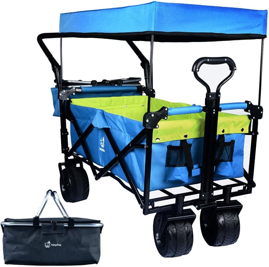 Collapsible Wagon Heavy Duty Folding Wagon Cart with Removable Canopy, 4' Wide Large All Terrain Wheels, Brake, Adjustable Handles,Cooler Bag Utility Carts for Outdoor Garden Wagons Carts Beach Cart