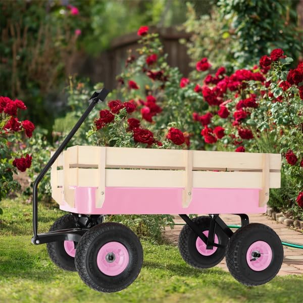 Pink Foldable Handle Cart for Gardening Supplies, Folding Heavy Duty Utility Wagon for Outdoor Sports,Portable Utility Cart, Rolling Carts, Sports Wagon with Wheels