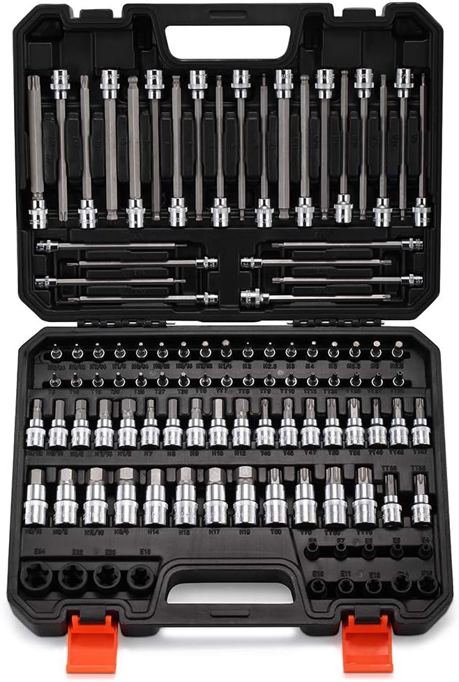 107-Piece Allen and Torx Bit Socket Set, 1/4', 3/8' and 1/2' Drive Hex/Ball End Hex/Extra Long Tamper Proof Torx SAE & Metric Bit Set
