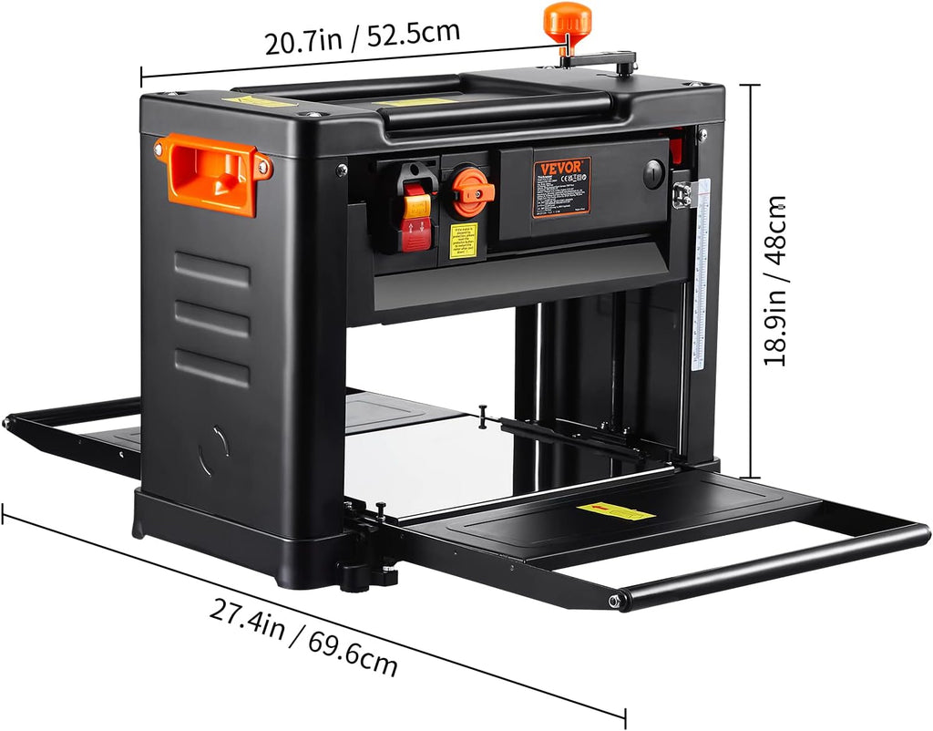 VEVOR Power Benchtop Planers, Three-Blade, Two Speed, 13' Width Worktable Thickness Planer with Extended Infeeding Table, Low Noise for both hard & soft wood material removal