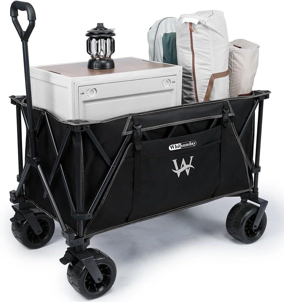 Whitsunday Heavy Duty Collapsible Wagon Cart, 380lb Load-Bearing Utility Wagon Cart with Big All Terrain Wheels, Folding Outdoor Wagon with Side Pocket for Beach, Camping, Outdoor Black