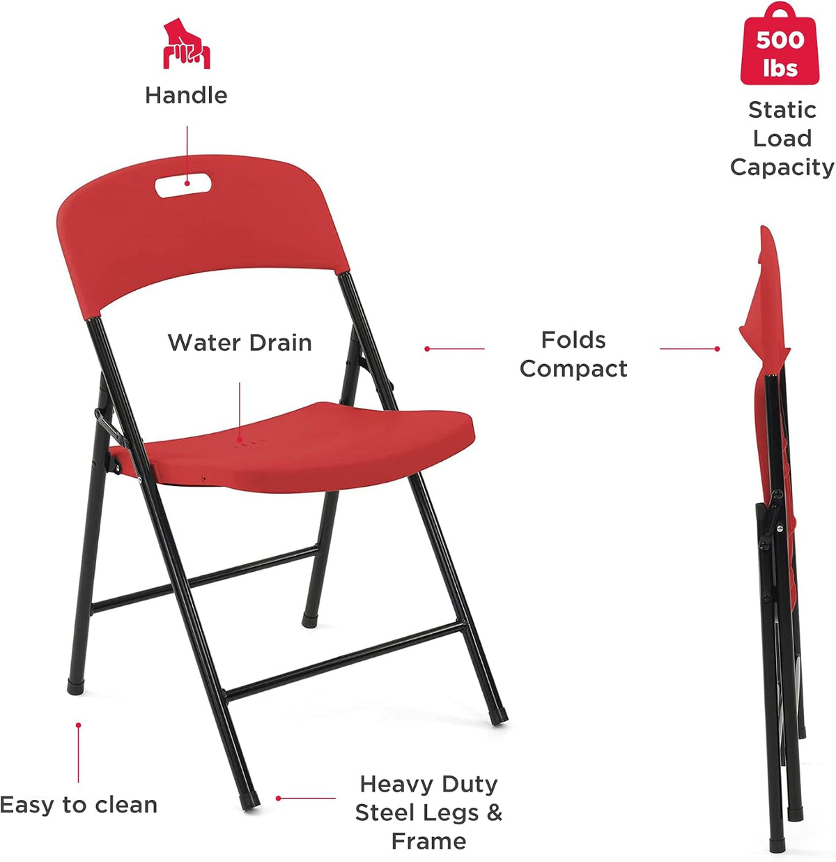 Creative Outdoor 4 Portable Plastic Folding Chairs, Sturdy Design, Indoor/Outdoor Events, Perfect Foldable Chairs for Camping/Picnic/Tailgating/Party (Red Set of 4 Chairs)