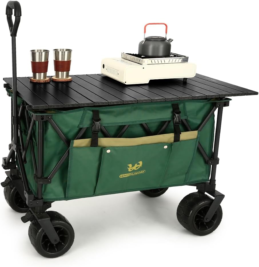 Whitsunday Collasible Wagon, Large Capacity 400Lbs, All-Terrain Wheels Heavy Duty Utility Wagon for Gardening Shopping Fishing Camping Outdoor Picnic Green