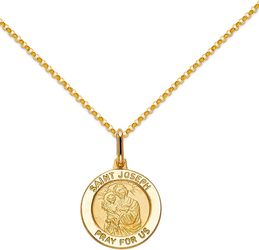 TGDJ 14k Yellow Gold Religious Saint Joseph Medal Pendant with 1.2mm Cable Chain Necklace