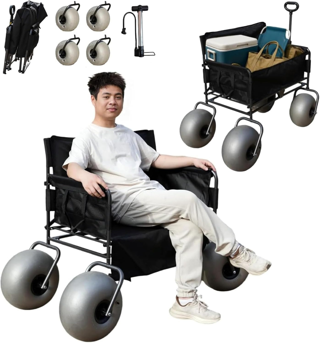 Beach Wagon with 13'' Balloon Wheels, Foldable Cart Converts into a 2-Person Sofa for Adults, Wheel Chair Wagon Bench Love Seat Combo with Big Wheels for Sand