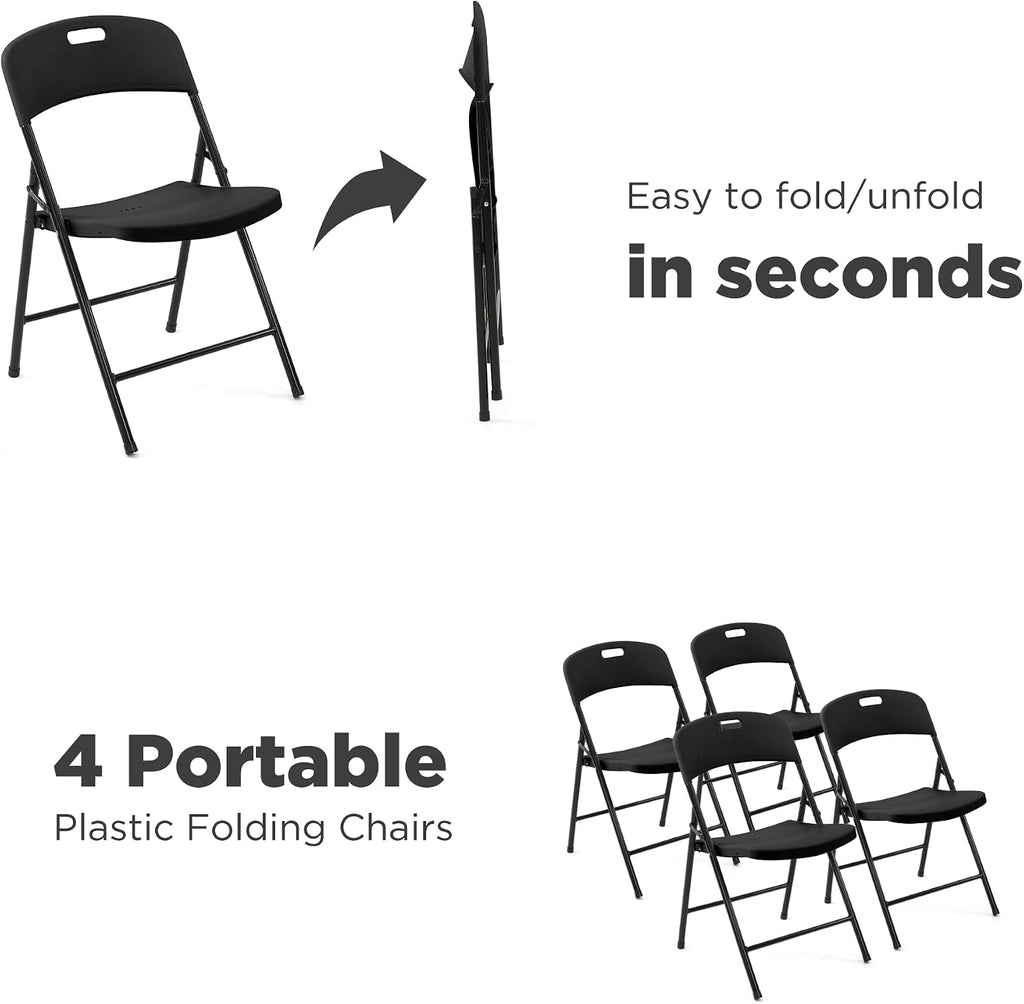 Creative Outdoor 4 Portable Plastic Folding Chairs, Sturdy Design, Indoor/Outdoor Events, Perfect for Camping/Picnic/Tailgating/Party (Black Set of 4 Chairs)