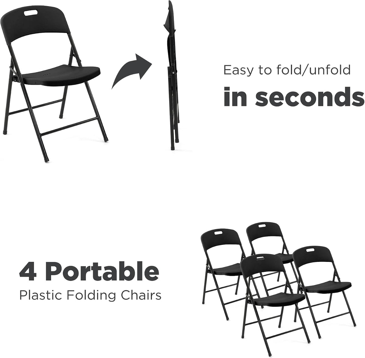 Creative Outdoor 4 Portable Plastic Folding Chairs, Sturdy Design, Indoor/Outdoor Events, Perfect for Camping/Picnic/Tailgating/Party (Black Set of 4 Chairs)