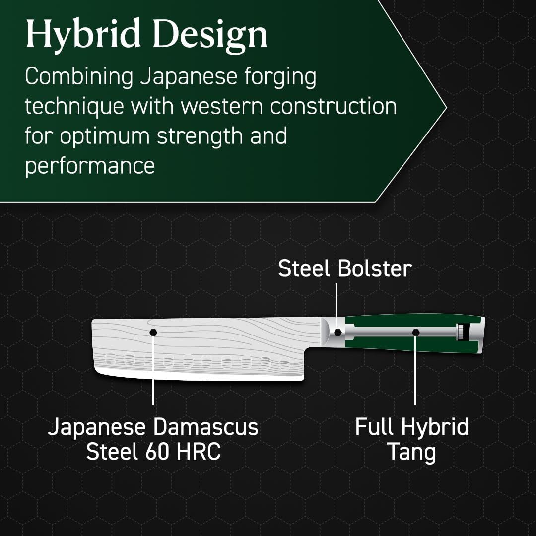 HexClad 6.5 Inch Japanese Damascus Stainless Steel Nakiri Knife, Full Tang Construction, Pakkawood Handle