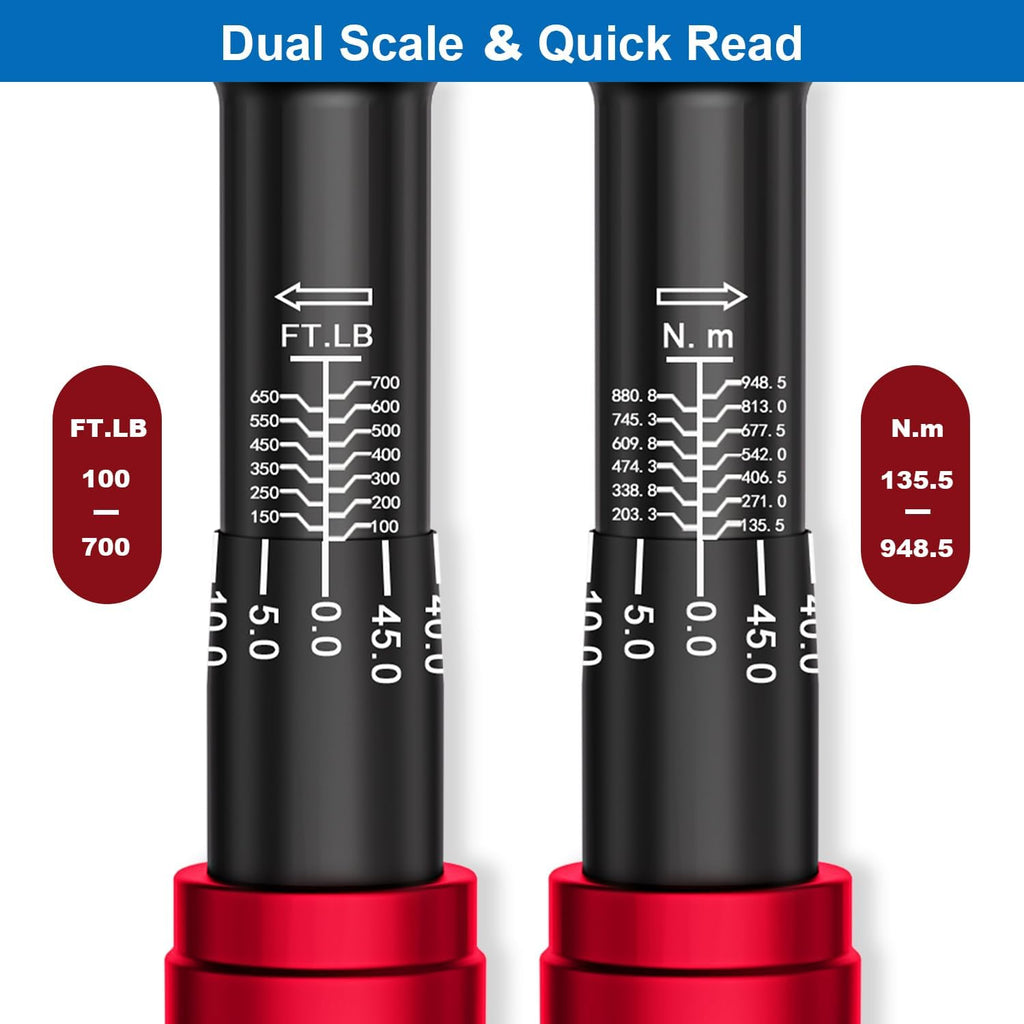 SUERCUP Torque Wrench 3/4-inch, Dual-Direction Adjustable 48 Tooth 100-700ft.lb/135.5-948.5Nm, Drive Click Torque Wrench with Buckle for Car, Truck Maintenance and Product Assembly