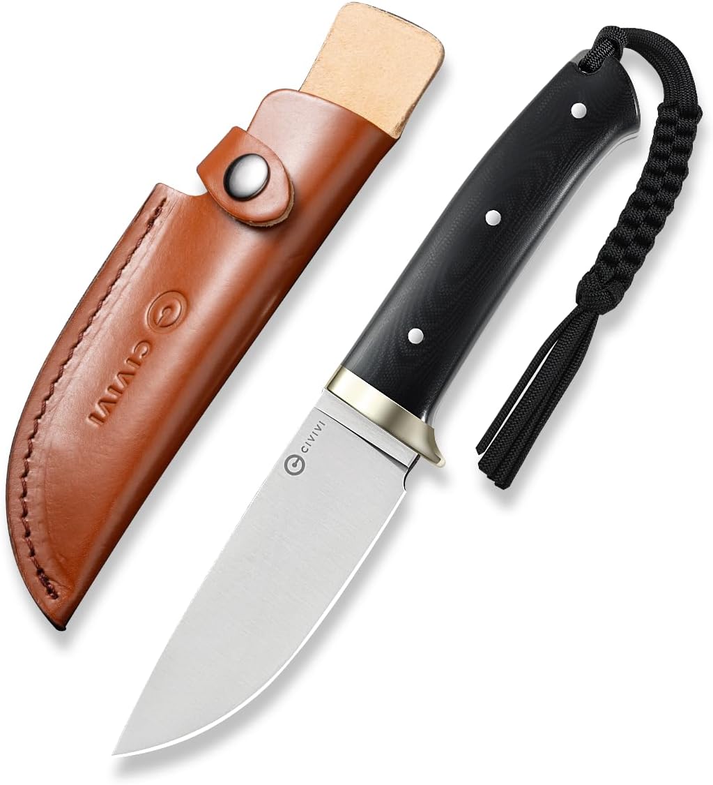 CIVIVI EDC Fixed Blade Knife with Leather Sheath, 4.6' Nitro-V Blade G10 Handle, Full Tang Cloud Peak Knife with Lanyard and Nickel Silver Guard C23044-1 (Black)