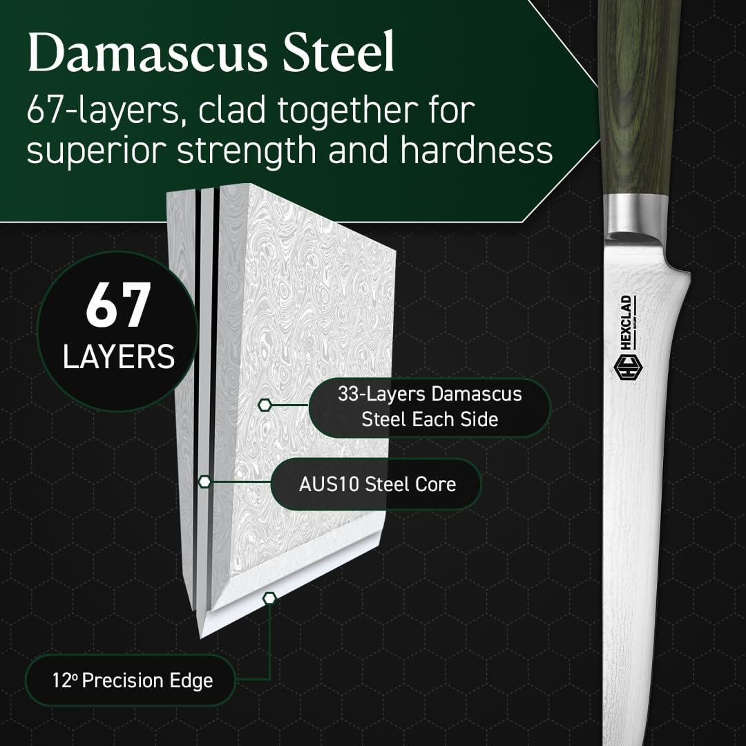 HexClad 6 Inch Japanese Damascus Stainless Steel Boning Knife, Full Tang Construction, Pakkawood Handle