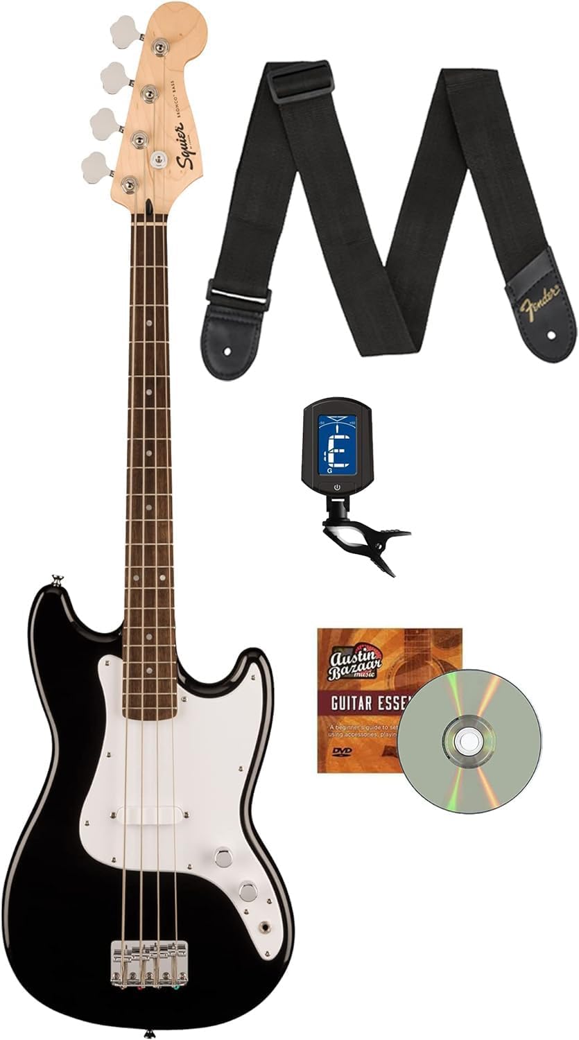 Fender Squier Sonic Bronco Bass Guitar, Laurel Fingerboard - Black Bundle with Tuner, Strap, and Austin Bazaar Guitar DVD