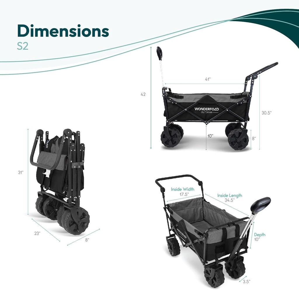 WONDERFOLD S2 Push & Pull Folding Utility Cart with Wide Beach Tires, Adjustable Push Handle, Telescopic Pull Handle with Spring Bounce Technology & Storage Pouch, Black/Gray