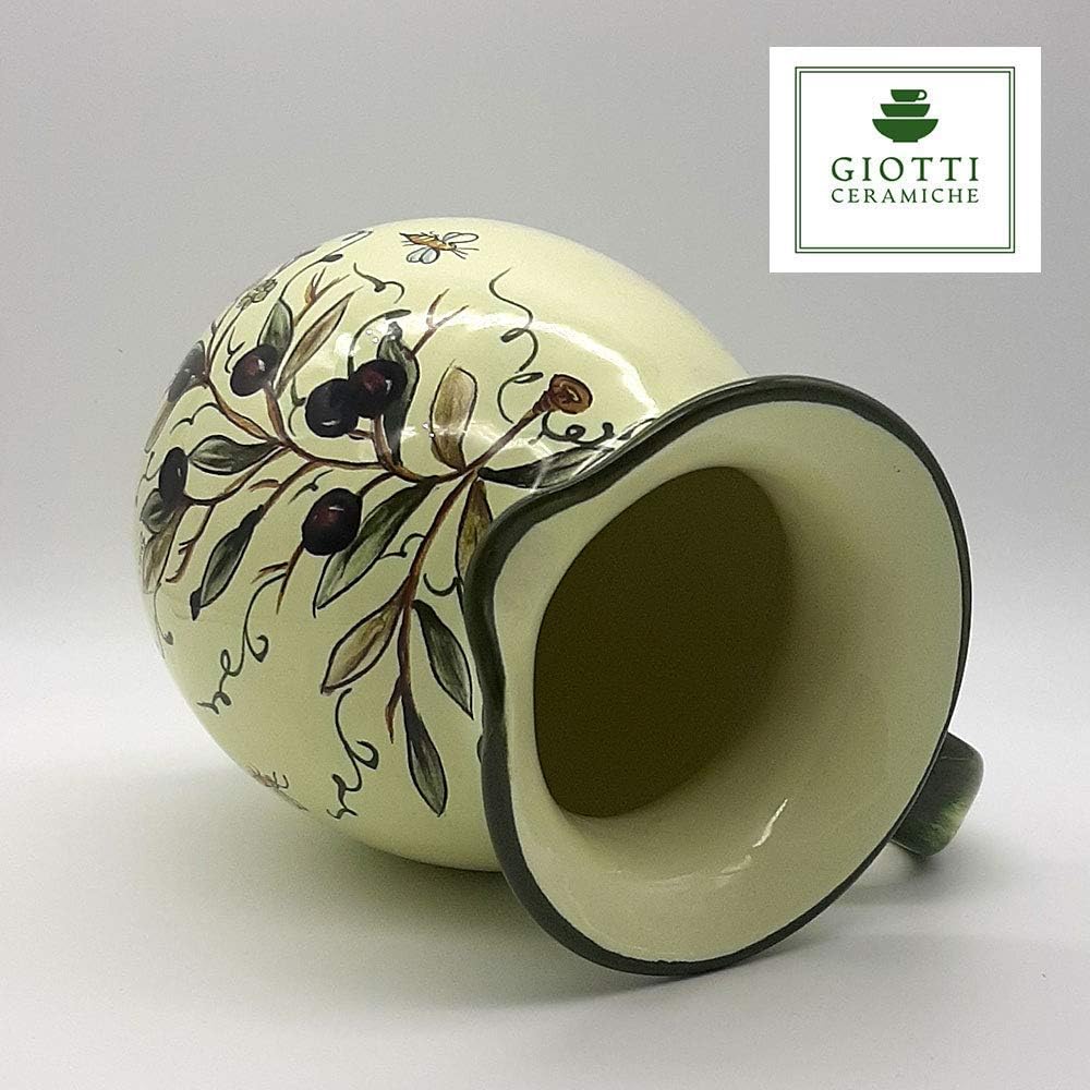 Italian Ceramic Pitcher Olive Design - 33 oz Hand Painted Utensil Holder Or Carafe Design for Kitchen - Made in ITALY Tuscany - Italian Pottery Vase Jar for Wine - Home Decor Ceramics Dispenser