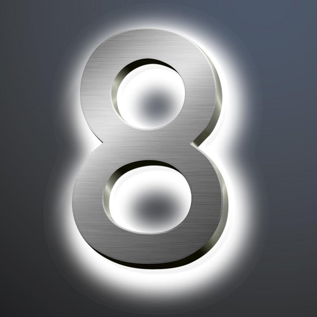 Backlit LED Illuminated House Numbers For Outside 18', Stainless Steel Modern Lighted Address Signs For Home, Illuminated Address Numbers, Brushed Silver, White Light,8
