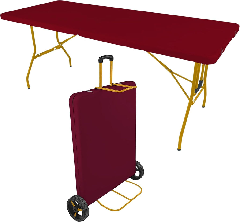 Creative Outdoor Folding Table and Chairs, 6 Ft, Built-in Wheels, Portable Durable Plastic (Dark Red & Gold)