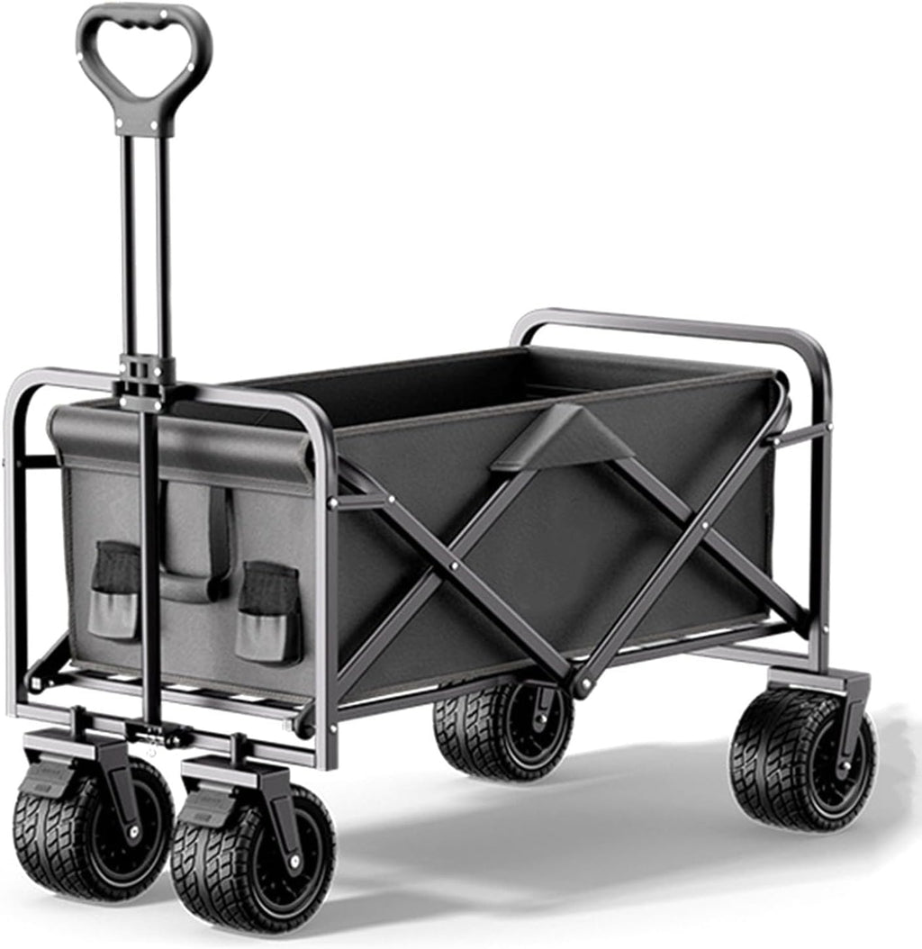 Garden Carts,Black Collapsible Wagon,Sports Outdoor Utility Wagon Folding Garden Wagon Sports Steel Frame Foldable Yard Car with Side Pockets Off-Road Brake Wheel Camping Cart