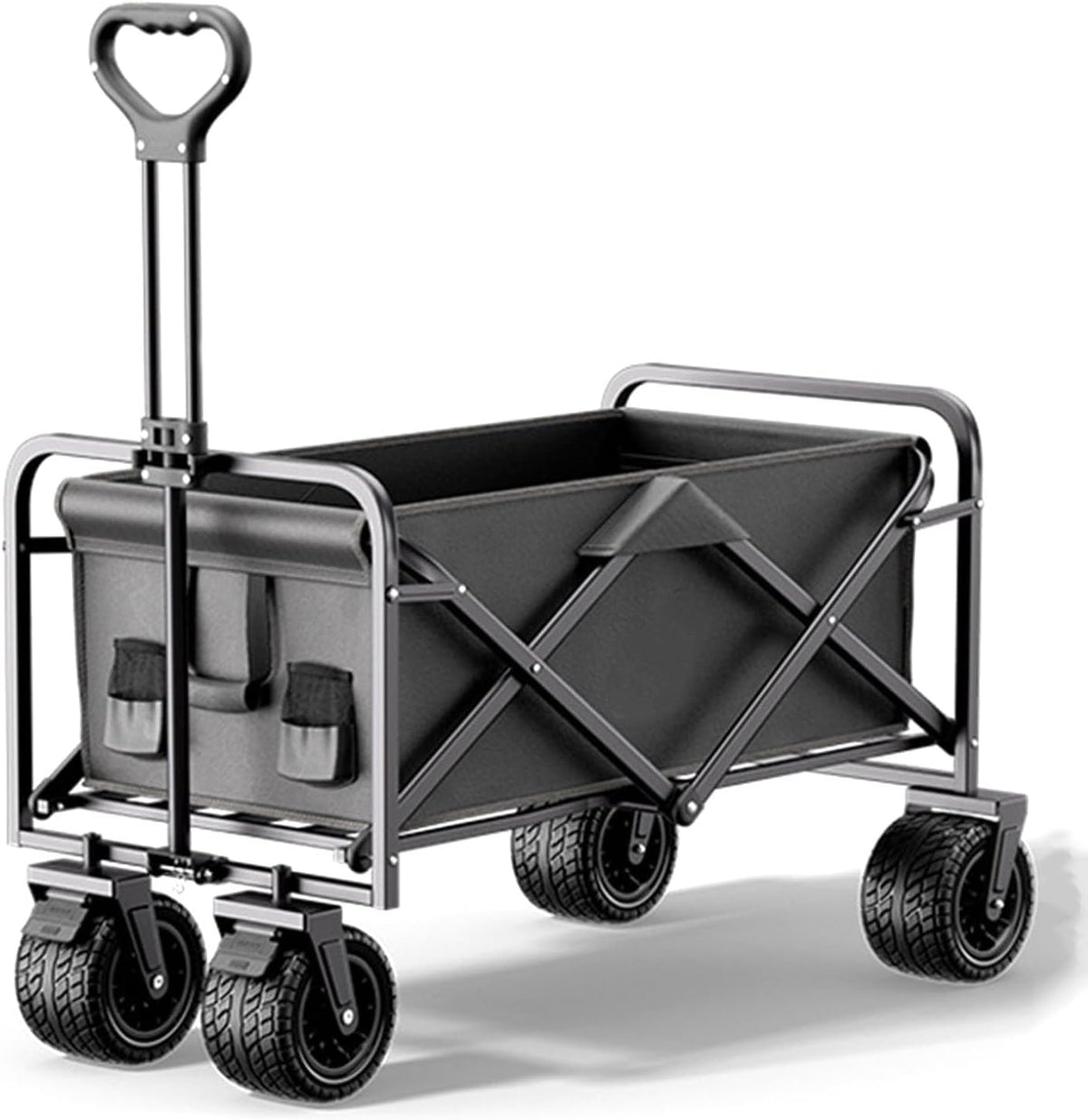 Garden Carts,Black Collapsible Wagon,Sports Outdoor Utility Wagon Folding Garden Wagon Sports Steel Frame Foldable Yard Car with Side Pockets Off-Road Brake Wheel Camping Cart