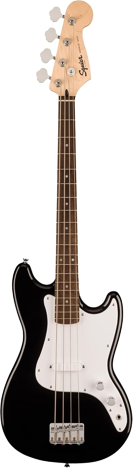 Fender Squier Sonic Bronco Bass Guitar, Laurel Fingerboard - Black Bundle with Tuner, Strap, and Austin Bazaar Guitar DVD