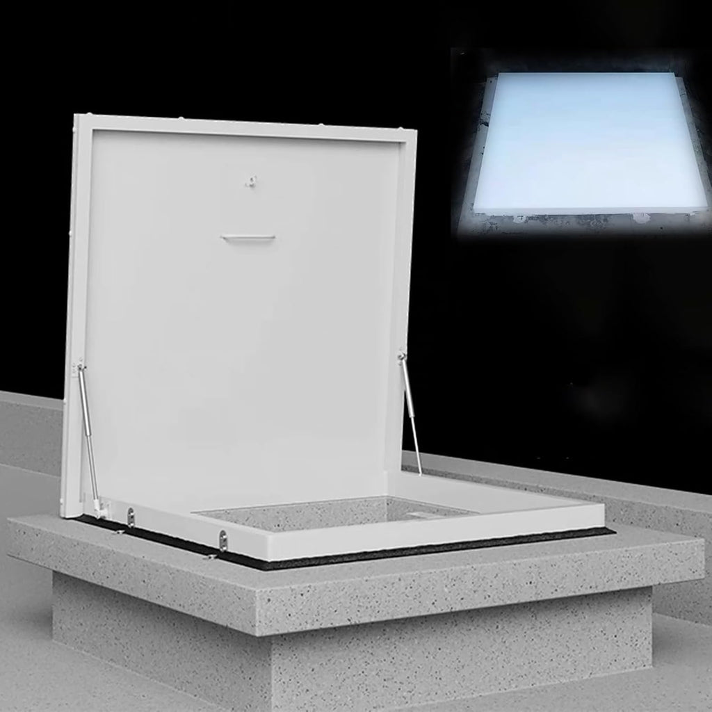 White Ceiling Hatch Lid with Hasp Latch & Gas Shock Strut, Large Building Roof Access Hatch Door, Heavy Duty Manhole/Cellars Exit Cover Plate for Repairs(Inner-L*W-21.7x23.6in/55x60cm)