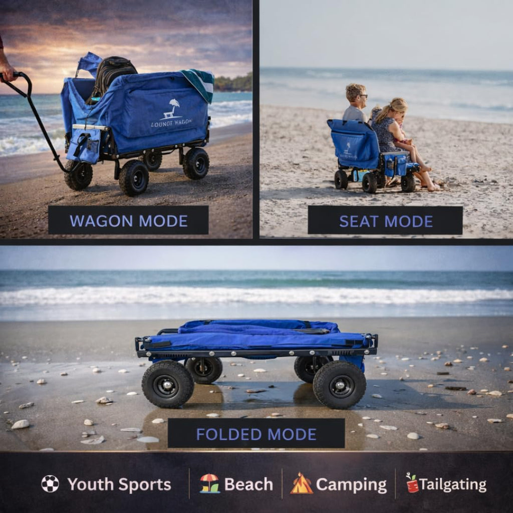 Lounge Wagon Patented 3-in-1 Wagon with Seats & Shade for Sports Families – Converts from Utility Wagon to 2-Person Chair – Beach, Soccer, Baseball & Camping (Umbrella Sold Separately)
