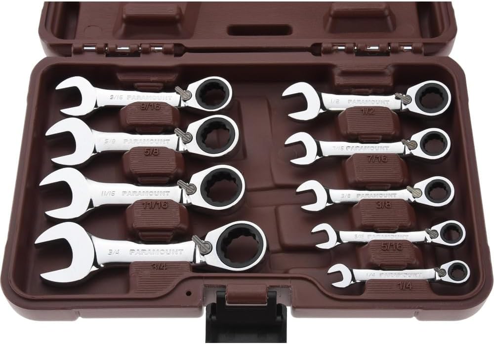 Paramount 9 Piece Stubby Reversible Ratcheting Combination Wrench Set: 12 Points, 1/4' to 3/4 inch