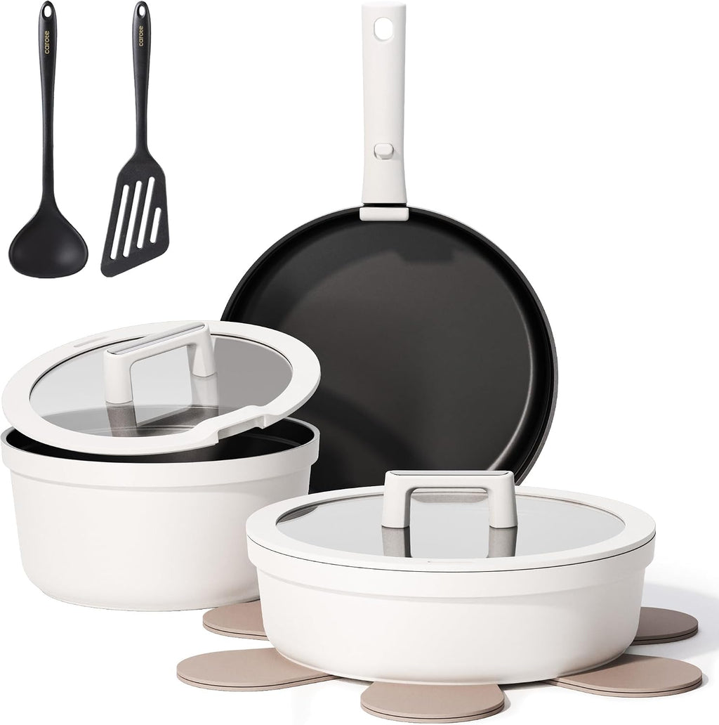CAROTE 22pcs Pots and Pans Set Non Stick, Detachable Handle Cookware Set White, RV Cooking Set, Dishwasher/Oven/Fridge Safe, Pot and Pan Set, Induction Cookware
