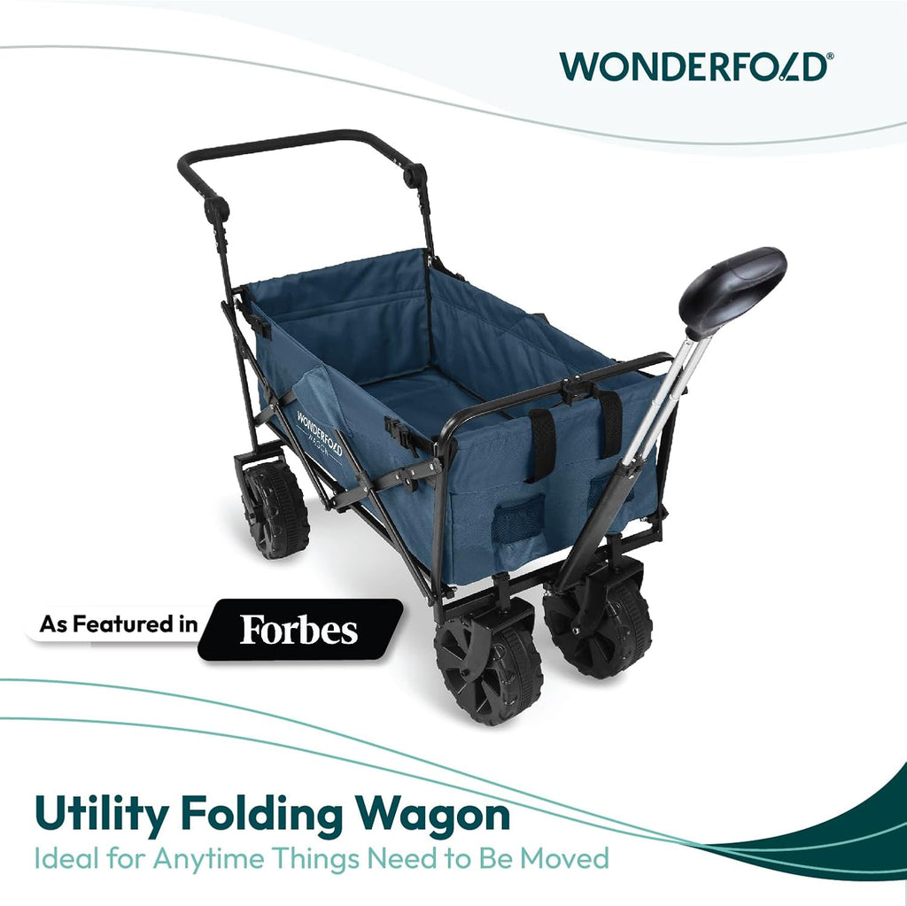 WONDERFOLD S2 Push & Pull Folding Utility Cart with Wide Beach Tires, Adjustable Push Handle, Telescopic Pull Handle with Spring Bounce Technology & Storage Pouch, Blue
