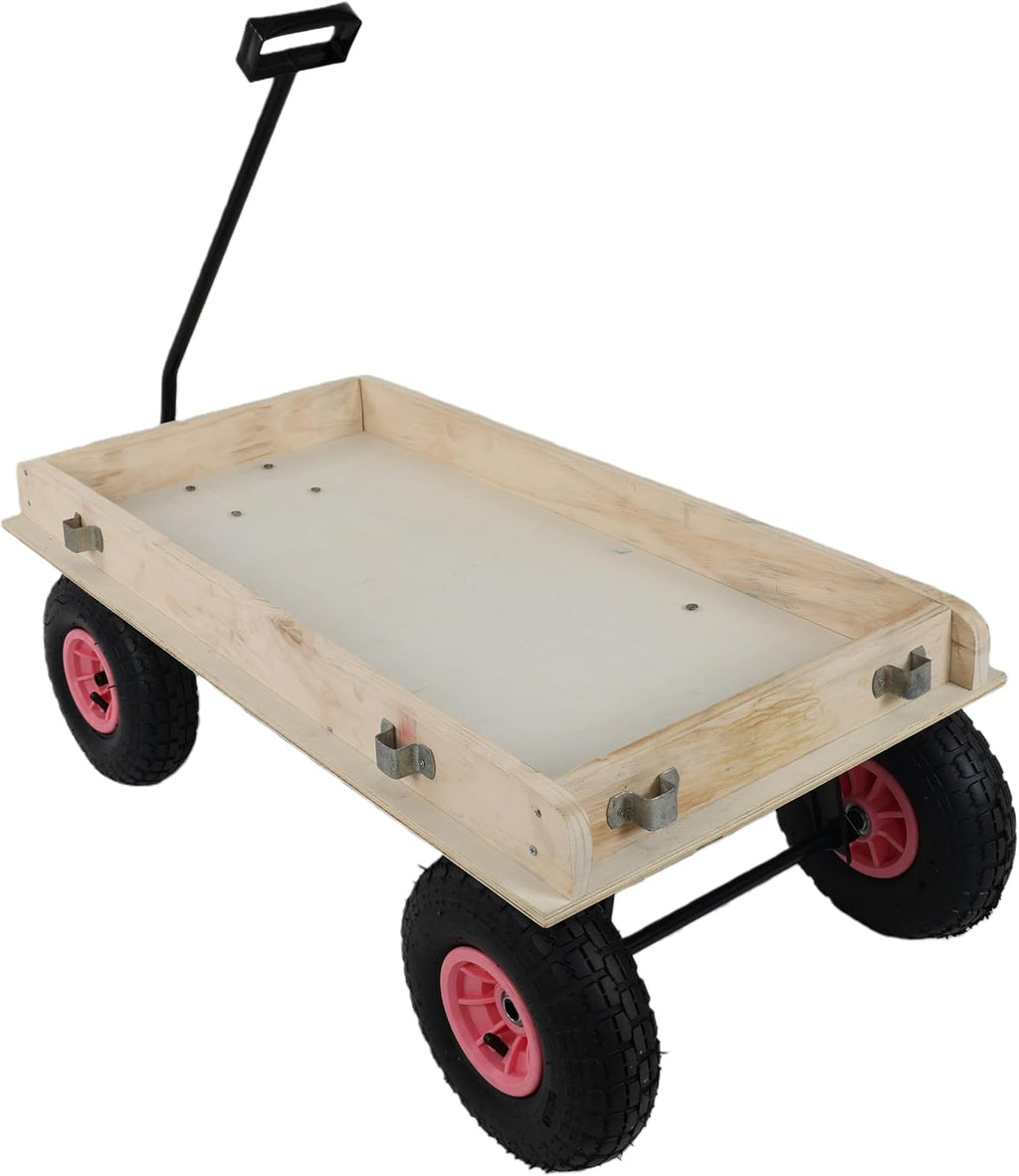 ZeHuoGe Outdoor Sport Wooden Wagon All Terrain Pulling with Removable Wooden Side Panels Rubber Inflatable Tires, Pull-Along Wagons (Pink)