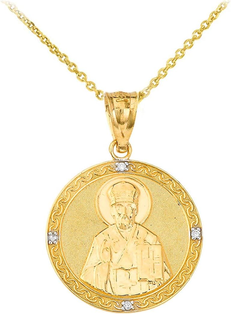 Certified 10k Gold Catholic Patron Saint Nicholas Diamond Round Medal Religious Pendant Necklace