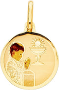 14k Yellow Gold Small/Mini First Communion Picture Medal Boy (17mm x 15mm), with 18' Rolo Chain